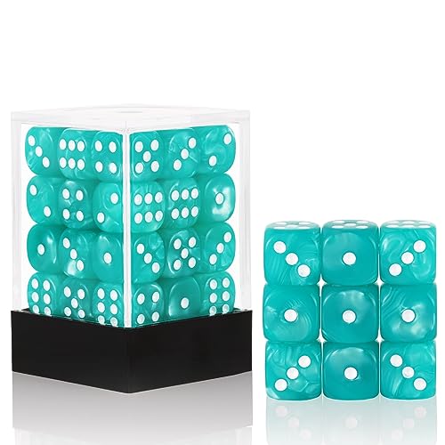 36 of Pack 12MM 6 Sided Dice Set,Pearl Pattern Game Dice Set, 6 Sided Standard Dices for Yahtzee, Bunco or Teaching Math,with Portable Plastic Box(Light Blue Pearl) - color: Cyan Pearl