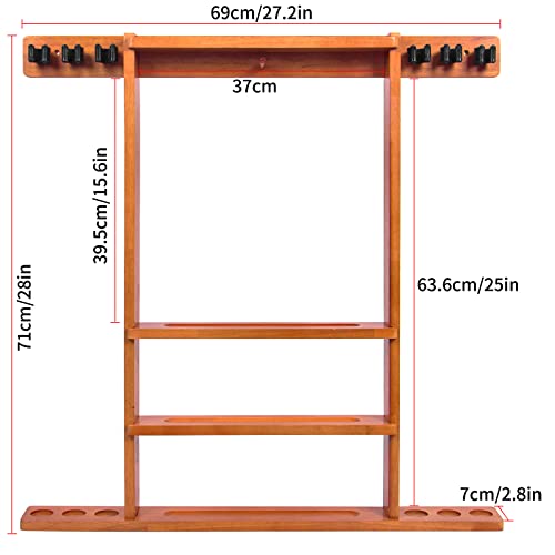 Brown Pool Stick Holder, Wall Mount Pool Cue Rack ,Solid Wood Floor Stand for billiard cue sticks,Holds 6 Pool Cues & a Full Set of Balls,Professional Pool Table Accessories for Billiard Room or Club