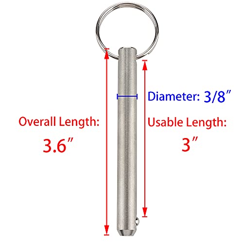 2 Pack Long Quick Release Pin, Diameter 3/8"(9.5mm), Usable Length 3"(76mm), Overall Length 3.6"(92mm), Full 316 Stainless Steel, Bimini Top Pin, Marine Hardware