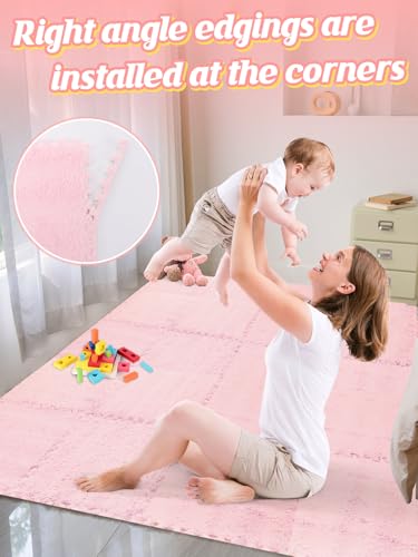 ANPHSIN 12 pcs Thickened Foam Interlocking Floor Mats, Fluffy Plush Mats for Baby with Edgings, Soft Anti-Slip Puzzle Area Rug Playmat, Square Tiles Room Flat (11.8 in, Pink) - color: Pink