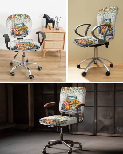 Savannan Office Chair Cover, Truck Autumn Pumpkin on Plaid Protective Stretch Elastic Universal Cover for Desk Task Chair,Computer Rotating Chair 1 Pcs Rustic Floral Foliage