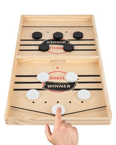 Fast Sling Puck Game, Wooden Air Hockey Board Game with 10 Spare Pucks & 2 Elastic Bands | 2 Player Table Fast-Paced Slingshot Games for Kids & Adults, Fun for Family Night or Friends Party