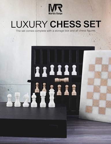 Marble Chess Set 12" Inches White and Verona with Storage Box and 2 Extra Queen Handmade Luxury Board Games for Adults, Ideal Chess Board Game & Marble Chess Set for Adults - color: White & Verona