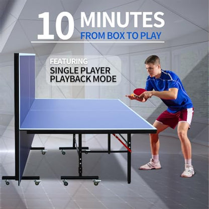 8FT Mid-Size Table Tennis Table Foldable & Portable Ping Pong Table Set, 8 Pulleys and Easy Storage, for Indoor Games with Net, 2 Table Tennis Paddles and 3 Balls