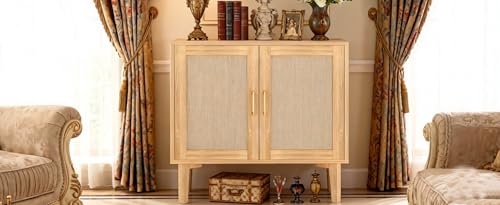 Buffet Sideboard Storage Cabinet with Rattan Decor Doors Solid Wood Feet, Multifunctional Accent Unit with Spacious Tabletop and Inner Shelves for Dining Room Kitchen - Easy Assembly