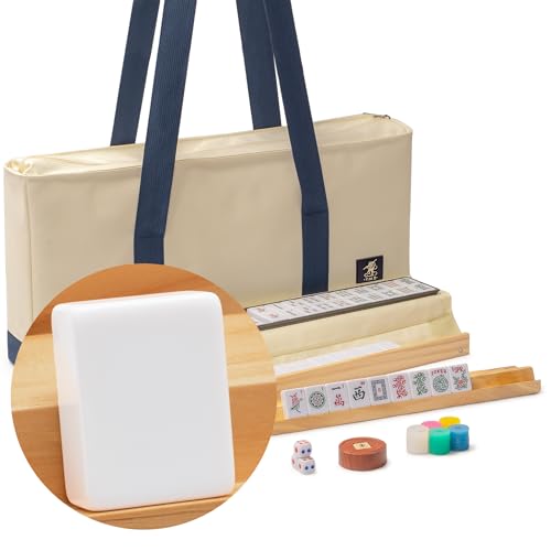 Yellow Mountain Imports American Mahjong Set, Harbor Snow with Beige and Blue Canvas Tote Bag - 4 All-in-One Racks with Pushers, Wright Patterson Scoring Coins, Dice, & Wind Indicator - color: Snow White