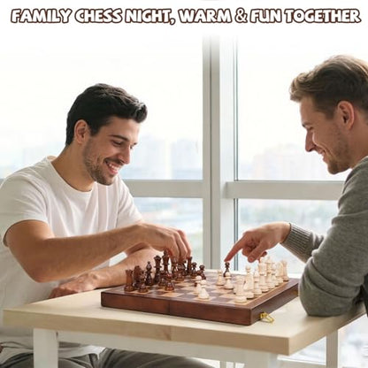 Large 17-Inch Wooden Chess Set – Folding Chess Board with Solid Wood Pieces, Oversized 3.5” King, Two Extra Queens, Premium Gift Chess Set for Adults Classic Strategy Game