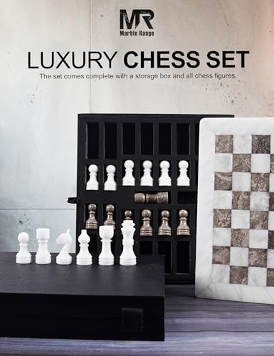 Marble Chess Set 12" Inches White and Oceanic with Storage Box and 2 Extra Queen Handmade Luxury Board Games for Adults, Ideal Chess Board Game & Marble Chess Set for Adults - color: White & Oceanic