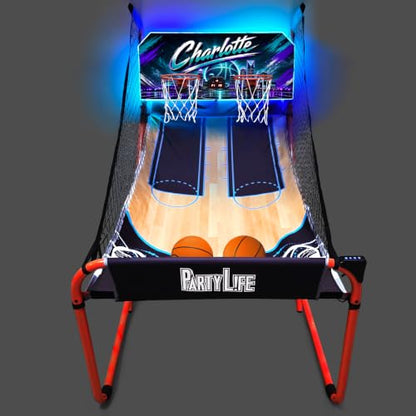 PartyLife 2-Player Basketball Arcade Game w/Optional LED Lights | Electronic Scoring | 5 Balls, 1 Pump, 8 Games | Folding Design | Heavy-Duty Steel Frame - Choose Your Model - color: CHARLOTTE, style: w/ LED Lights
