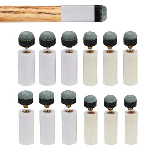 Screw-On Pool Cue Tips and Ferrules Replacement Kit - 12 Pack (10mm, 11mm, 12mm, 13mm) - No Glue Easy Install Billiard Snooker Cue Stick Tips Repair Set, White & Off-White Ferrules