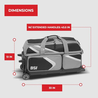 BSI Dash Roller Bowling Bag with Smooth Rolling Wheels, Padded Ball Compartment, Retractable Locking Handle, & Shoe Pocket - color: Black/Gray/White, style: Triple
