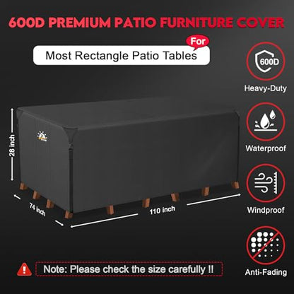 Zettum Patio Furniture Cover Rectangle - 110 Inch Outdoor Table Cover Waterproof & Heavy Duty, Large 600D Lawn Furniture Sofa Set Covers for Outside Dining Table and Chairs Combo - 110 x 74 x 28 Inch - size: 3) Rectangle - 110" x 74"