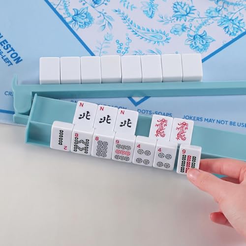 4 Pcs 18.7 Inch Misty Blue Acrylic Mahjong Tile Racks with Pushers for Game Night American Mahjong Racks Tile Set for Mah Jong Lovers and Beginners - color: Misty Blue