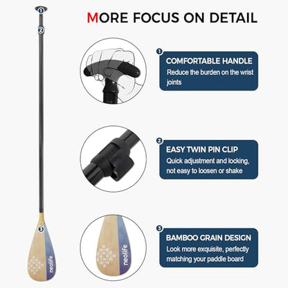 SUP Paddleboard Paddle with Carbon Fiber Shaft and Enhanced PP Blade, Adjustable Stand Up Paddle Board Paddle, 66-82" (170-210 cm), Bamboo Pattern Series - color: Bamboo&Blue Wave Pattern
