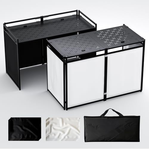 Portable DJ Booth Table,56''x28" Foldable DJ Table Stand Portable with White & Black Scrim,Adjustable D J Facade Tabl e Station Metal Frame D J Tabl e with Cable Hole for Private Events, Clubs, Bars - size: 56 x 28
