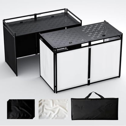 Portable DJ Booth Table,56''x28" Foldable DJ Table Stand Portable with White & Black Scrim,Adjustable D J Facade Tabl e Station Metal Frame D J Tabl e with Cable Hole for Private Events, Clubs, Bars - size: 56 x 28