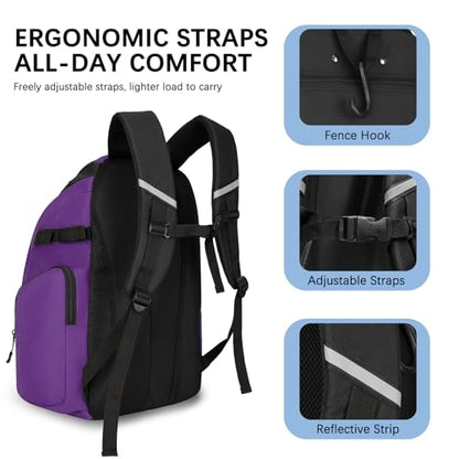 Goloni Baseball Bag, 60L Capacity Softball bag Holds 4 Bats for Youth & Adult, Baseball Bat Backpack with Shoes Compartment,Helmet Holder,Fence for Hook T-Ball, Softball Equipment, Baseball Gear - color: Purple