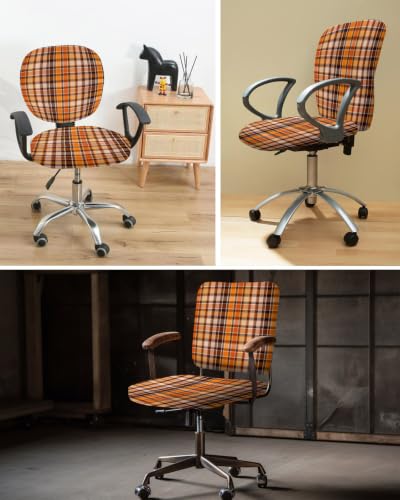 Savannan Office Chair Cover, Autumn Orange Gradient Plaid Protective Stretch Elastic Universal Cover for Desk Task Chair,Computer Rotating Chair 1 Pcs Gingham Check