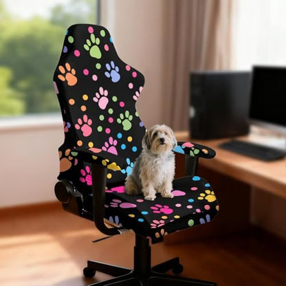 Stretchable Office Chair Covers with Armrest Covers Colorful Paw Prints Gaming Chair Cover Cat Scratch Proof Spandex Rotating Boss Chair Slipcovers Easy to Install with Long Zipper - color: Colorful Paw Prints
