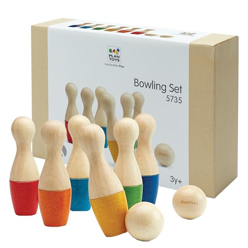 PlanToys® Bowling Set Wooden Montessori Gross Motor and Coordination Toy | Movement, Concentration and Early Math Learning Activity | Eco Friendly Indoor and Outdoor Bowling Game