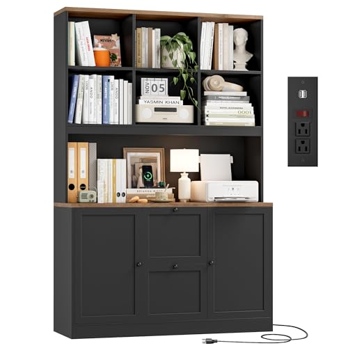 HIFIT 72'' Tall File Bookcase with Power Outlet & Printer Stand, 2 Drawer Filing Cabinets for Home Office Fit Hanging A4 File, Storage Cabinet w/ 3 Tier Open Book Shelf & Doors for Living Room, Black - color: Black