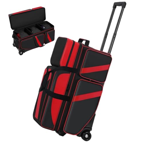 3 Ball Bowling Bags With Wheels,Bowling Bags 3 Ball Roller With Shoes Compartment And Multiple Pockets,3 Ball Bowling Bag has Retractable Handle Extends to 41.5 in - color: red