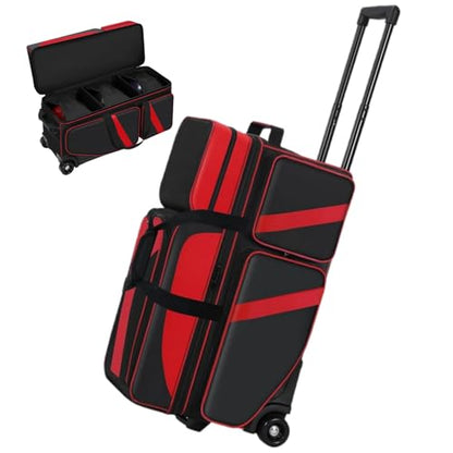 3 Ball Bowling Bags With Wheels,Bowling Bags 3 Ball Roller With Shoes Compartment And Multiple Pockets,3 Ball Bowling Bag has Retractable Handle Extends to 41.5 in - color: red