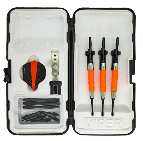 sure grip Viper Orange Soft Tip Darts with Dart Case & Accessories Choice of Flights 16 or 18 Grams Plus I Love Darts Bracelet (Harrows Quantum, 16g)
