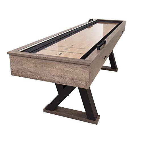 American Legend Kirkwood 9’ Shuffleboard Table with LED Rails, Bowling Game Set, Rustic Wood Finish & Accessories Included