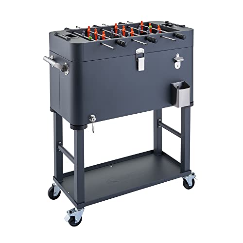 TRINITY 80 Quart Beverage Cooler and Ice Chest with Foosball Table Top and Bottle Opener, Rolling Cart with Storage Shelf, Detachable Tub Design, 96 Can Capacity, Includes Protective Cover - color: Charcoal Gray