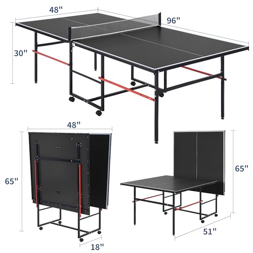 Garvee 8 ft Portable Ping Pong Table, Foldable Indoor Outdoor Table Tennis Set with Net, 2 Paddles and 3 Balls - Professional Game for Adults Teens, Quick Assembly, Single Player Playback Mode