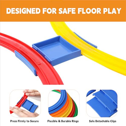 Hopscotch Rings – Hoop + Square, 2-Set – (10 Round + 10 Square, 15-inch) + 30 Connectors, Agility Rings for Kids, Gross Motor Skills, Preschool & Kindergarten PE, Playground Obstacle Course - style: 15" Square + Hoop – 2 Set
