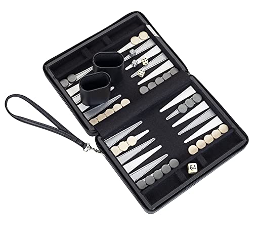 WE Games Backgammon Set, Board Games for Adults - Travel Games - Black with Gray Stripe Magnetic Leatherette Backgammon Board and Carrying Strap - Travel Backgammon Sets for Adults - color: Black With Gray Stripe