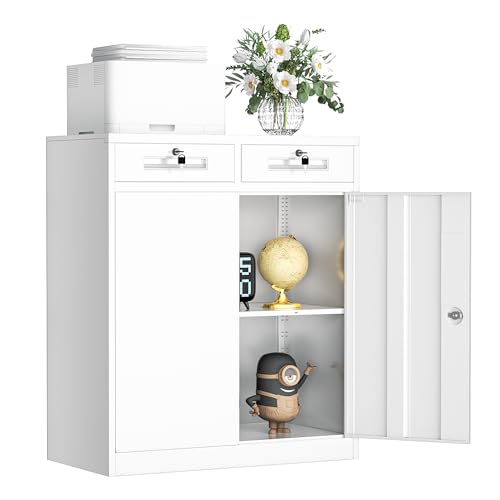 INTERGREAT Metal Storage Cabinet with Drawers, 36”H Lockable Office Storage Cabinets with 2 Doors and Adjustable Shelves, White Steel File Cabinet for Home Office, Garage, School, Apartment(White) - color: White, size: 36" H Cabinet with Drawers