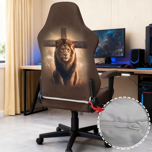 Suobstales Lion Cross Pattern Gaming Chair Cover Cat Scratch Proof Gaming Chair Slipcovers with Armrest, Stretchable Waterproof Office Desk Racing Chair Cover, Universal Fit for Computer Gamer Chairs - color: Lion Cross