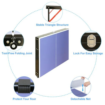 Mid Size Foldable Ping Pong Table with Net, 54" Portable Table Tennis Table Game Set with 2 Paddles & Balls, Compact Indoor Folding Table Tennis Table for Home Office Game Room