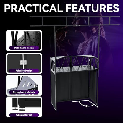 Portable DJ Booth,Foldable DJ Table Stand with Light Stand White & Black Scrim,Adjustable DJ Facade Booth Station Triangle Plate Metal Frame DJ Table with Cable Hole for Private Events, Clubs, Bars - size: 40*20 Light Stand