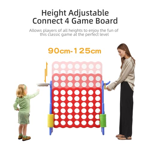 UNICOO Jumbo 4-in-a-Row Game Set, Height Adjustable Indoor Outdoor Yard Game with Basketball Hoop, Ring Toss & Carrying Bag, Family Party Lawn Game for Kids and Adults - color: Red & Blue