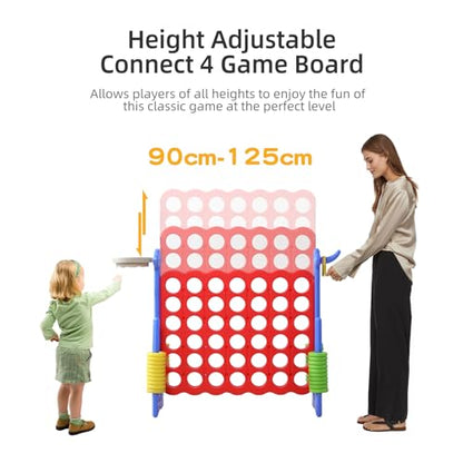 UNICOO Jumbo 4-in-a-Row Game Set, Height Adjustable Indoor Outdoor Yard Game with Basketball Hoop, Ring Toss & Carrying Bag, Family Party Lawn Game for Kids and Adults - color: Red & Blue