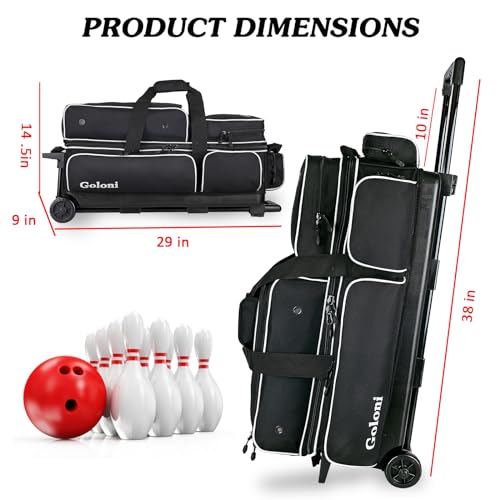 Goloni 3 Ball Bowling Bags with Wheels - Rolling Bowling Bag for 3 Balls & Accessories - Retractable Handle Extends to 38 - color: White