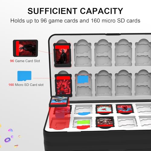 QuoLumPIA 96 Game Case - for Nintendo Switch 2/OLED/Lite Cartridge storage with 96 Game Card Slots & 160 Micro SD Card Slots, Black, Hard Shell, Silicone Lining, Magnetic snap, Travel, Gift, Party - size: 96