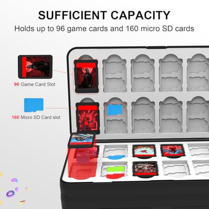 QuoLumPIA 96 Game Case - for Nintendo Switch 2/OLED/Lite Cartridge storage with 96 Game Card Slots & 160 Micro SD Card Slots, Black, Hard Shell, Silicone Lining, Magnetic snap, Travel, Gift, Party - size: 96