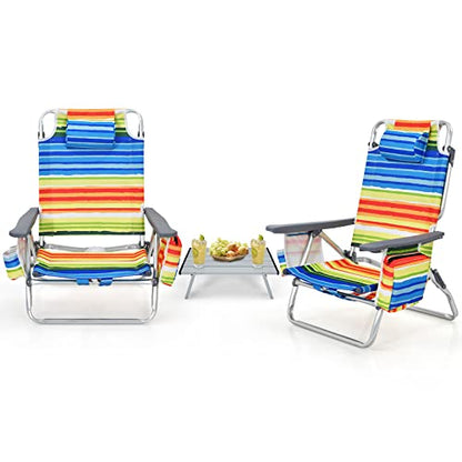 Tangkula Backpack Beach Chair with Table, 5-Position Lay Flat Beach Chairs with Cooler Bag, 2 Cup Holders, Towel Bar, Lightweight Low Folding Beach Chair with Backpack Straps - color: Yellow, style: 2 Pack with Table