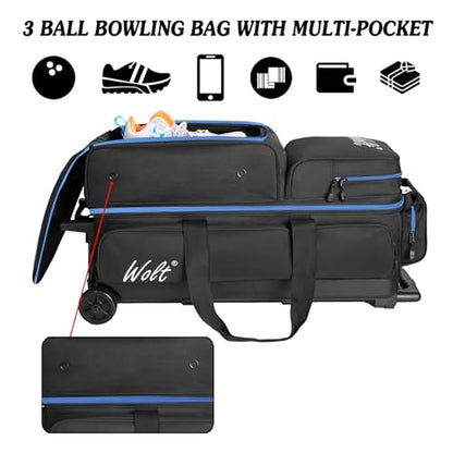 WOLT 3 Ball Bowling Bags with Wheels,Bowling Ball Bag 3 Ball Roller with Separate Shoe Compartment and Accessory Pocket, Retractable Handle Extends to 38’’ - color: Black+blue