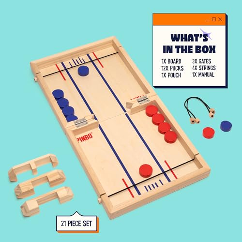 Pinbo Sling Puck Game (18") Premium Wooden Foldable Board | 2 Player Tabletop Game for Adults & Kids | Travel Friendly Classic Slingshot Game