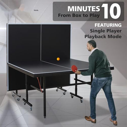9FT Folding Table Tennis Table with 2 Paddles, 3 Balls & Net Set with Solo Playback Mode, Different Thickness MDF Surface, Lockable Wheels & Quick Assembly - color: Black, size: 0.591" MDF Top