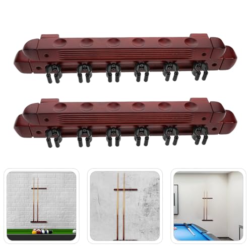 Cabilock 2 Sets 6-slot Wall Mounted Billiard Rack Wooden Pool Cue Holder Wine Red Solid Wood Pool Stick Organizer for Game Room Bars Billiard Players