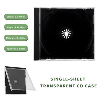 6PCS Standard Single Clear CD Jewel Case, 10 mm Thin Plastic DVD Protective Cases Replacement w/Assembled Tray, Square-Shaped Single Disc Storage Box for Most Cars (Transparent & Black) - color: Transparent & Black