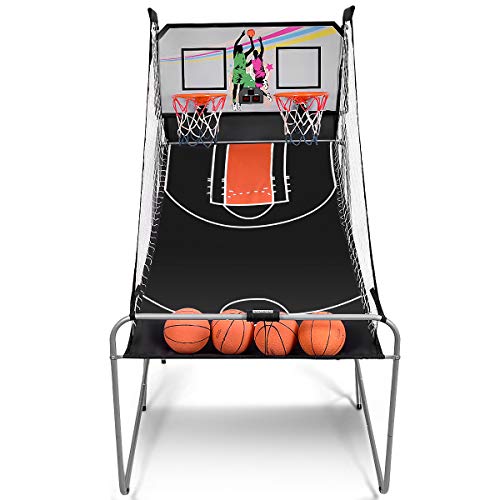 GYMAX Arcade Basketball Game Indoor Foldable with 8 Game Modes, Arcade Sound, 4 Balls and Inflation Pump, Electronic Basketball Games for All Ages Home - color: Silver