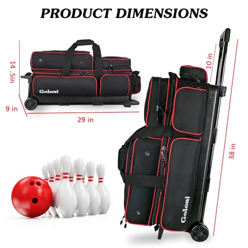 Goloni 3 Ball Bowling Bags with Wheels - Rolling Bowling Bag for 3 Balls & Accessories - Retractable Handle Extends to 38 - color: Red